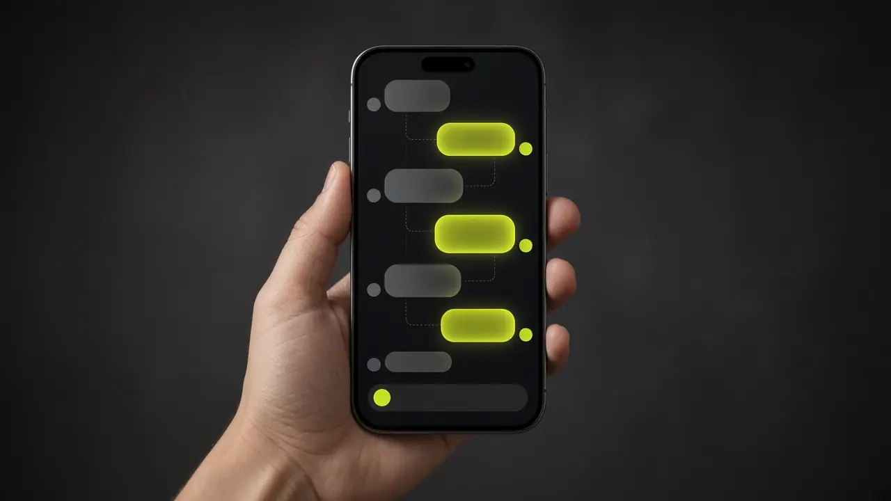 Mano que sostiene un teléfono con una conversación de chat iluminada, sobre fondo oscuro.
