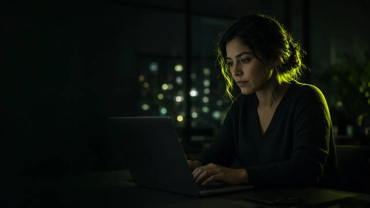 Mujer revisa en su laptop una conversación con un agente, de noche en casa.