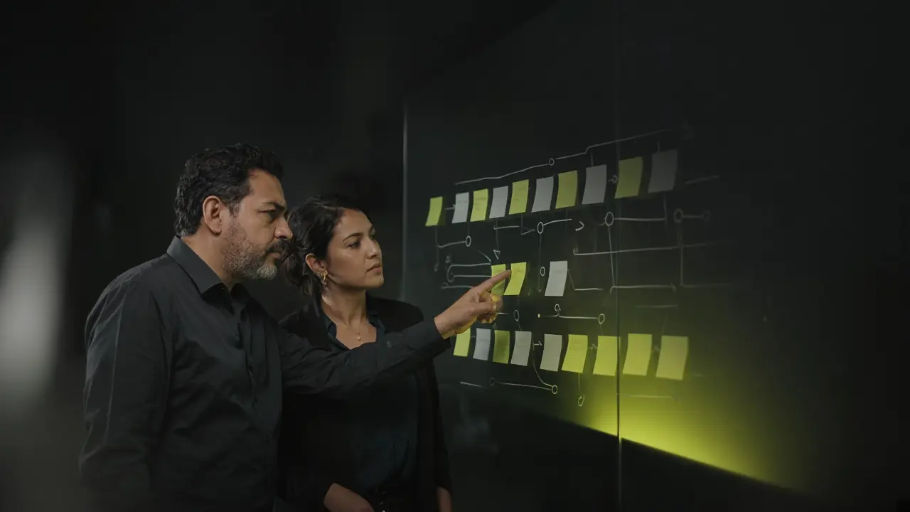 Dos profesionales mapean el recorrido de un cliente con notas adhesivas en una pared de vidrio.
