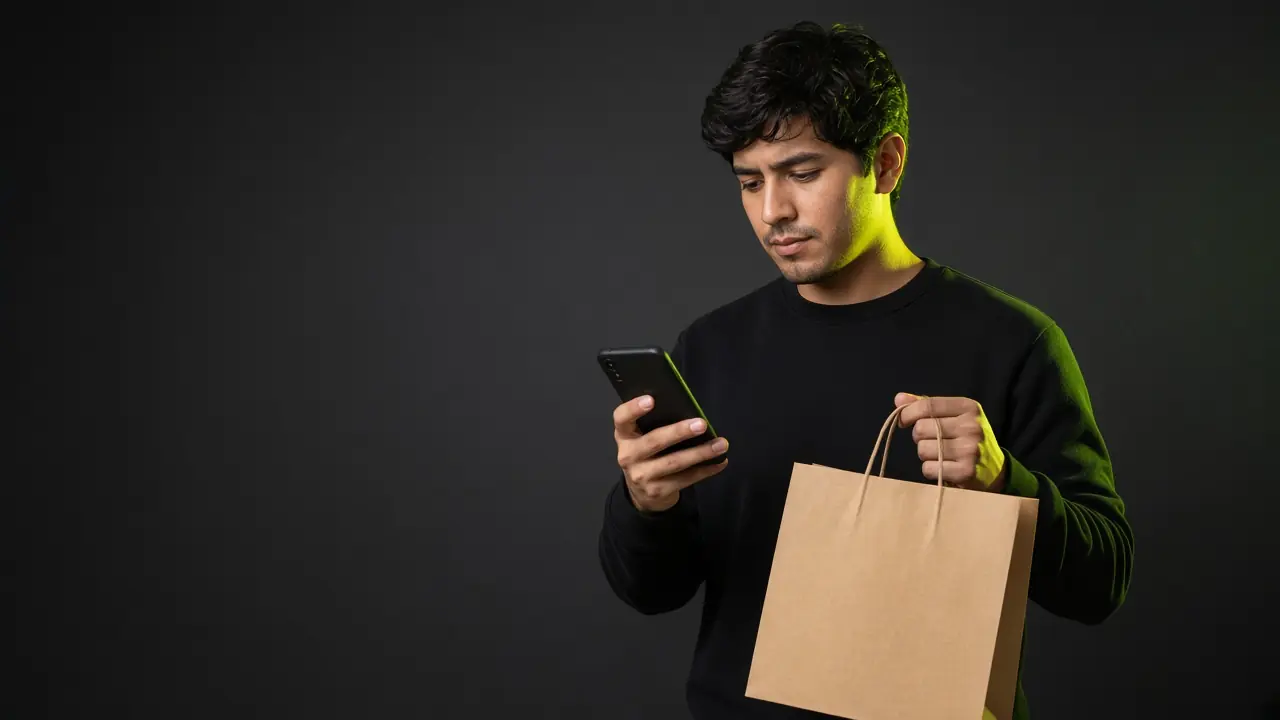 Hombre joven con una bolsa de compras revisa el estado de su pedido en el teléfono.