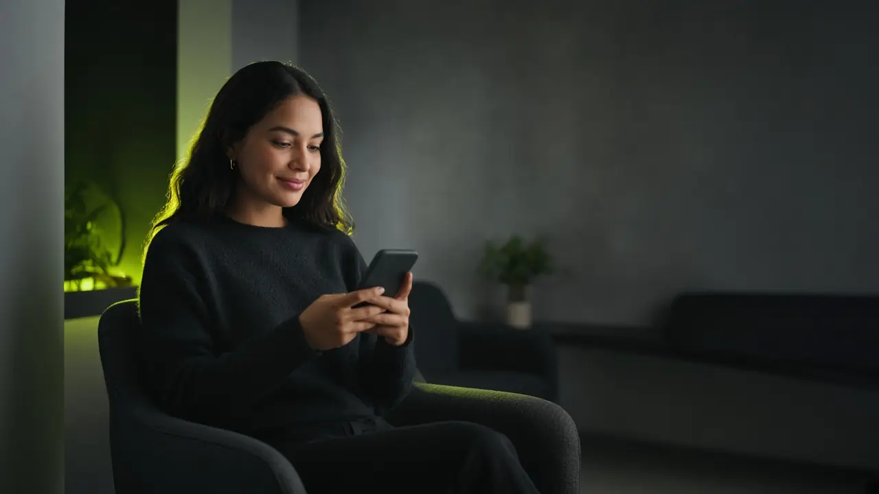 Mujer joven en la recepción de una clínica confirma su cita en el teléfono.