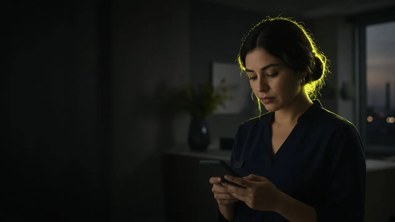 Mujer joven escribe en su teléfono en un espacio oscuro con luz verde lateral.